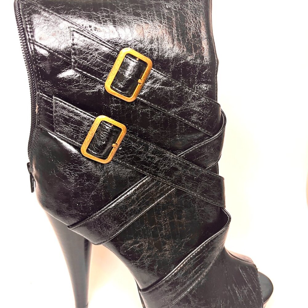 Shoe Dazzle Black Mid-Calf Boot, Women's Size 10, Buckle Accents, Open Toe